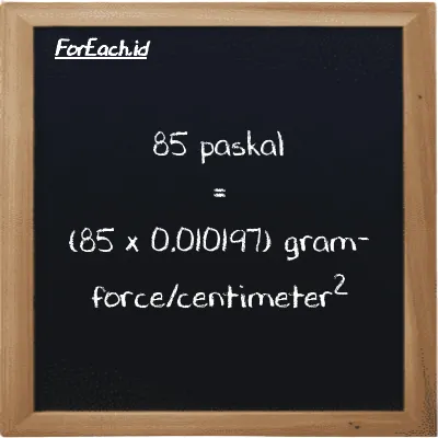 Cara konversi paskal ke gram-force/centimeter<sup>2</sup> (Pa ke gf/cm<sup>2</sup>): 85 paskal (Pa) setara dengan 85 dikalikan dengan 0.010197 gram-force/centimeter<sup>2</sup> (gf/cm<sup>2</sup>)